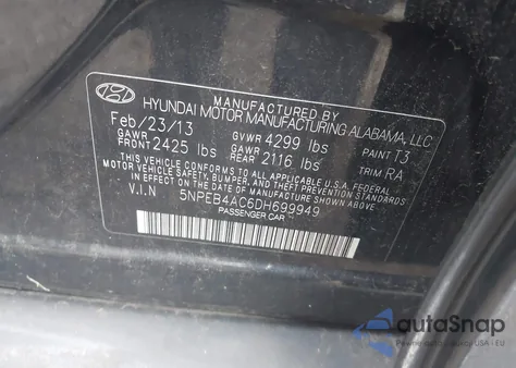 2013 Hyundai Sonata Gls z USA, uszkodzony, nr VIN 5NPEB4AC6DH699949